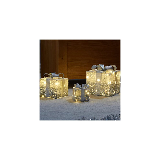 Set of 3 Silver Sparkle Light Up Faux Gift Boxes Pre-Lit 45 LED