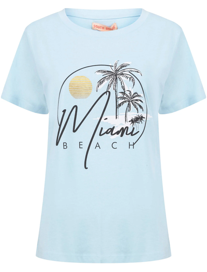 T-Shirts Miami Beach Motif Cotton Crew Neck T-Shirt in Corydalis Blue - South Shore / 14/L - Tokyo Laundry