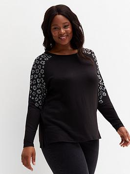 New Look Curves Black Fine Knit Leopard DiamantÉ Shoulder Top