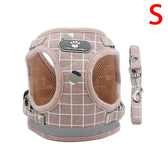 (Pink lattice, S) Puppy Dog Cat Harness Walking Leads Set Pet Supplies Reflective Vest