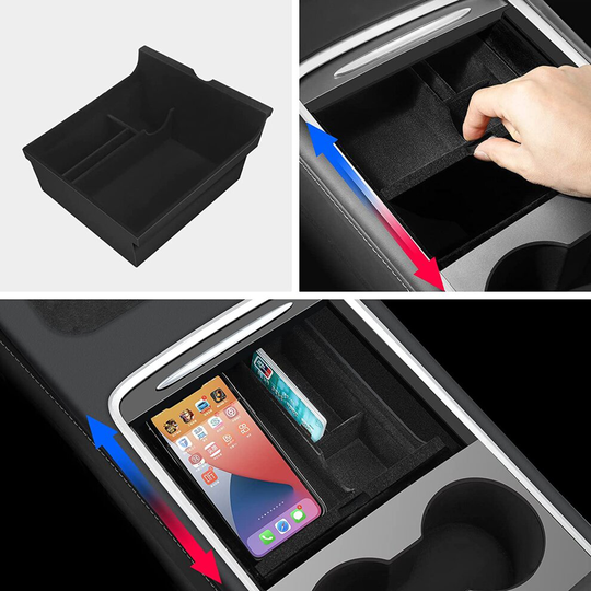Center Console Organizer Tray for 2021 Tesla Model 3 Model Y Accessories Flocked Armrest Hidden Cubby Drawer Storage Box