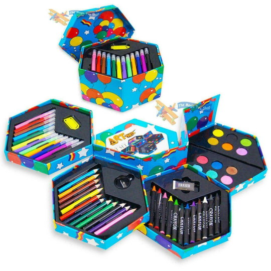 52cs Kids Craft Artists Set Hexagonal Box Crayons Paints Pens Pencils