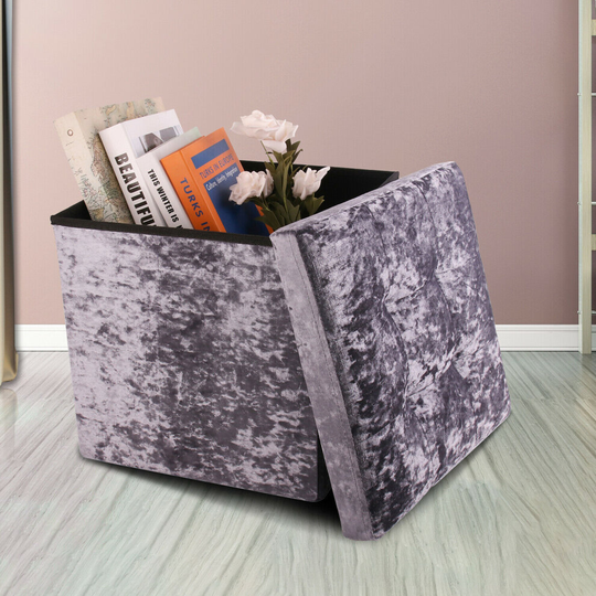 (GREY) Crushed Velvet Ottoman Storage Box Cube Foldable
