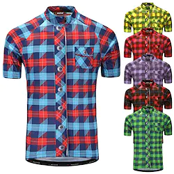 Men's Cycling Jersey Short Sleeve Bike Jersey Top with 3 Rear Pockets Mountain Bike MTB Road Bike Cycling Breathable Anatomic Design Quick Dry Reflective Strips Green Purple Yellow Plaid Checkered Lightinthebox