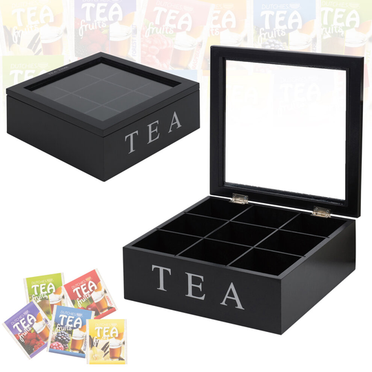 9 Section Wooden MDF Clear Lid Compartments Caddy Chest Tea Box