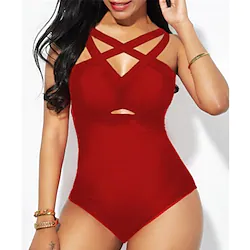 Women's Swimwear One Piece Monokini Bathing Suits Normal Swimsuit Tummy Control Open Back High Waisted Pure Color Black Red V Wire Bathing Suits New Vacation Fashion / Modern / Padded Bras Lightinthebox
