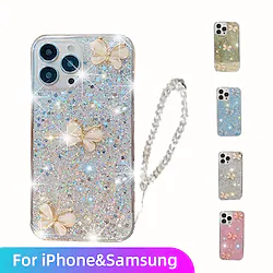 Phone Case For Samsung Galaxy S22 Ultra S21 Ultra A33 A53 Glitter Shine with Wrist Strap anti-drop Butterfly For iPhone 14 Pro Max iPhone 14 Pro iPhone 14 Plus iPhone 14 iPhone 13 Pro Max Lightinthebox