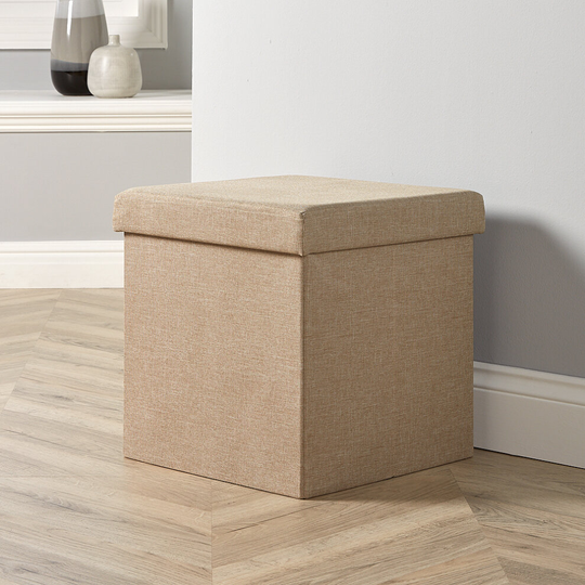 Folding Ottoman Beige Linen Fabric Chest Solid Sturdy Storage Space Saving Box