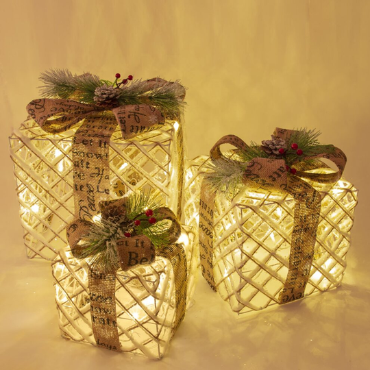 The Christmas Workshop 70289 Set of 3 Light-Up Christmas Boxes | Brown Bows