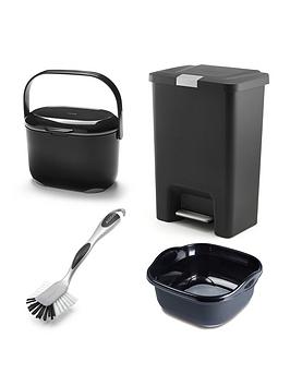 Addis 4 Piece Premium Bin Set, Waste Pedal Bin, Soft Touch Washing Up Bowl, Soft Touch Compost Food Waste Caddy, Ultra Grip Jumbo Dish Brush