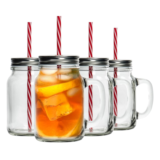 4 Mason Glass Jam Jar Drinking Cocktail Glasses with Straw & Lid, 620ml