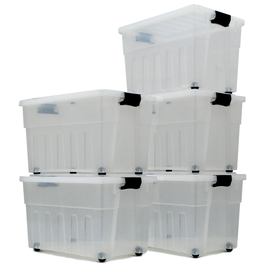 (5) 65L Underbed Plastic Storage Drawer Container Box Wheeled Toys Clothes Bedding