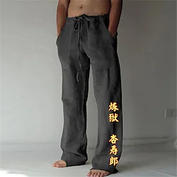 Inspired by Demon Slayer: Kimetsu no Yaiba Rengoku Shinjurou Linen Pants Straight Trousers Baggy Pants Anime Elastic Drawstring Design Front Pocket Pants For Men's Adults' Hot Stamping Cotton Blend Lightinthebox