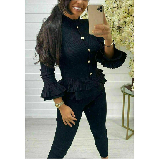 (Black, UK8) Womens Ruffle Frill Fine Ribbed Ladies Gold Button Top Co-Ord Lounge Set
