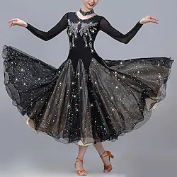 Ballroom Dance Dress Splicing Crystals / Rhinestones Women's Performance Training Long Sleeve Mesh Spandex Tulle Lightinthebox