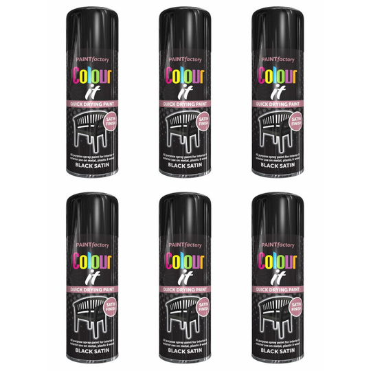 (400ml, 6) Paint Spray Can Bottle BLACK SATIN Quick Dry