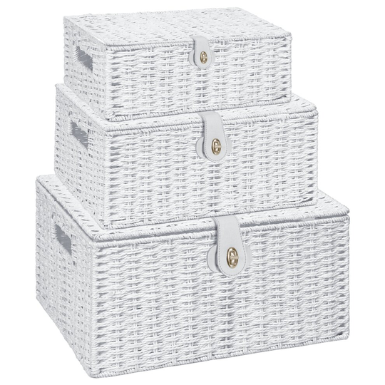 ((White)) Set of 3 Storage Basket Resin Wicker Woven Hamper Box With Lid & Lock Stackable