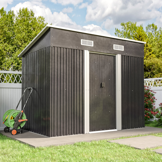 (Charcoal Black, 4x8ft) Metal Garden Shed Flat Roof Outdoor Storage House Tool Box + Steel Base