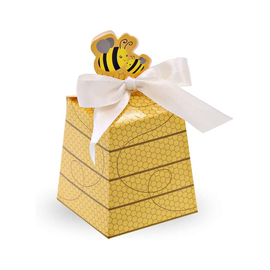 SumDirect 50Pcs Paper Beehive Gift Box Baby Favors Candy Boxes with White Satin Ribbons, for Baby Shower Birthday Decorations (Yellow)