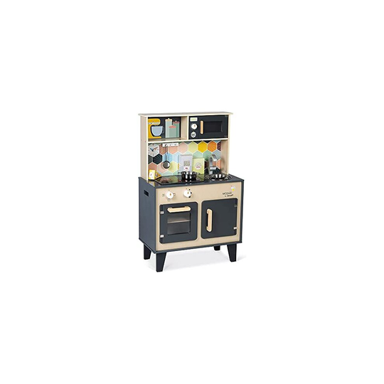 Janod - Mozaïc Big Cooker - Play Kitchen for Children - Children's Kitchen with Sound and Light - Wooden Kitchen with 3 Accessories + 3 Food Boxes -