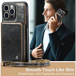 Phone Case For Apple Back Cover iPhone 14 13 12 11 Plus Pro Max Bumper Frame Wallet with Adjustable Neck Strap Retro Solid Colored Genuine Leather TPU Lightinthebox