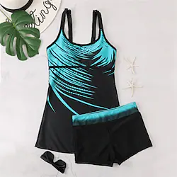 Women's Swimwear Tankini 2 Piece Normal Swimsuit Open Back Printing Lines / Waves Blue Vest Scoop Neck Bathing Suits New Vacation Fashion / Modern Lightinthebox