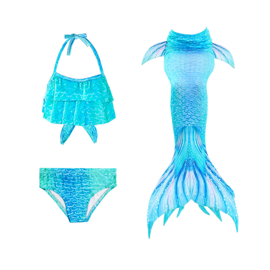 (Blue, 7-8 Years) Girl Kids Swim Top+Briefs+Mermaid Tail Bikini Sets