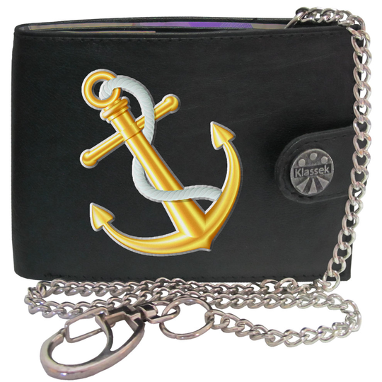 (With Chain) Gold Anchor Sailing Sailor Boat Mens Wallet Chain Leather Coin Pocket Klassek RFID Blocking Credit Card Slots and Metal Gift Box