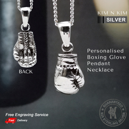 (Large Glove, 24 Inches) Boxing Glove Pendant Necklace / Personalised / Free Engraving / Solid 925 Sterling Silver / Quality - KimnKim