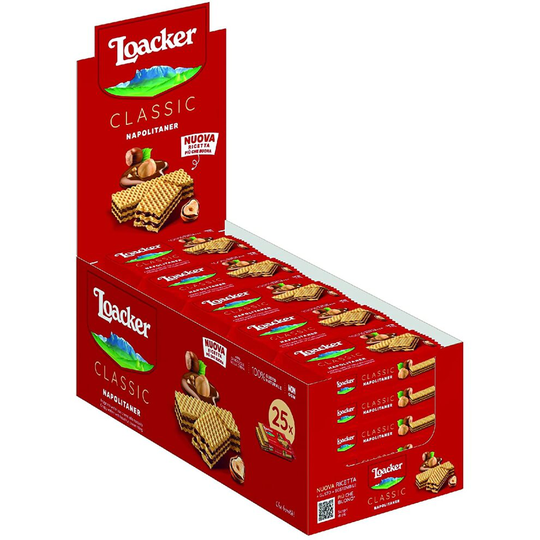 Loacker Wafers, Napolitaner Hazelnut Flavour Wafer Biscuits, Classic Italian Biscuits, All Natural Ingredients, Light Snack, Bulk Box of 25 x 45 g