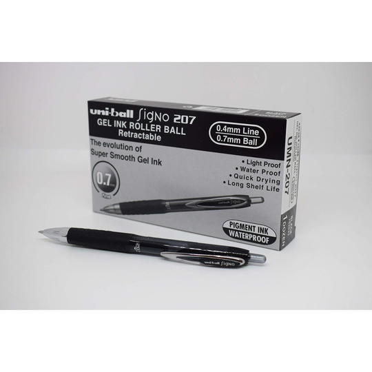 Uni-ball 704500 SigNo 207 Gel Rollerball Pen Retractable Fine 0.7mm Tip 0.5mm Line Black Ref 9004600 [Pack of 12]