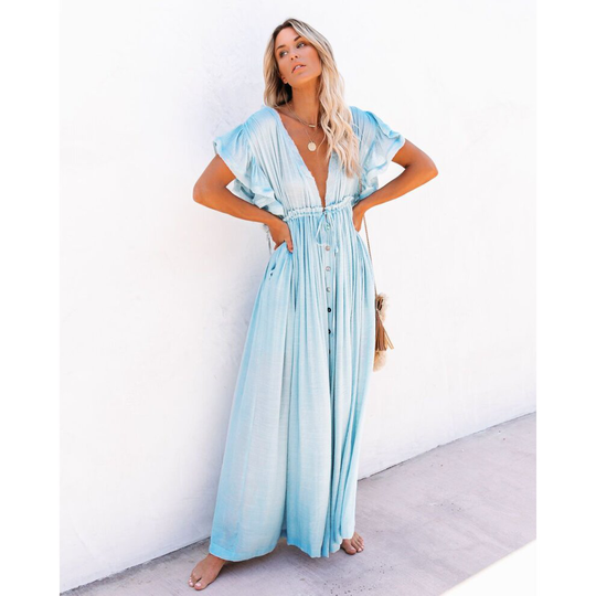 (sky blue) Bikini Cover-ups Long White Tunic Casual Summer Beach Dress
