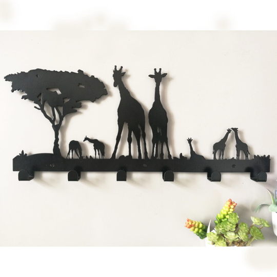 (A) Wall Metal Decorative Coat Hooks,Metal Towel Racks for Bathroom, Dog Leash and Key Holder, Entryway Clothes(Giraffe£-African grassland£©