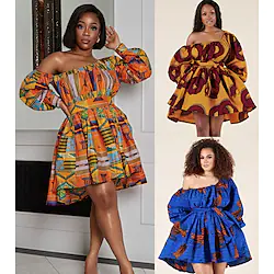 Main Actress Adults Women's African Print Kitenge Off Shoulder Boho Dress Modern African Outfits For Party Polyester Masquerade Dress Lightinthebox