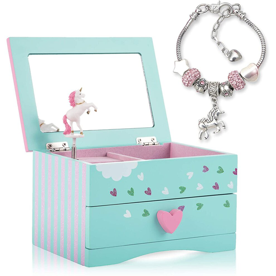 Amitié Lane Unicorn Jewelry Box For Girls - Two Unicorn Gifts For Girls Plus Augmented Reality App (STEM Toy) - Unicorn Charm Bracelet (Mint Green)