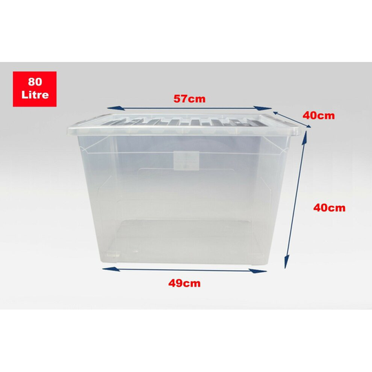 (1 Box, 80 Litre) Clear Plastic Storage Boxes With Black Lids Home
