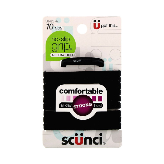 Scunci, No Slip Grip Elastics, Comfortable, All Day Strong Hold, Black, 10 Pieces