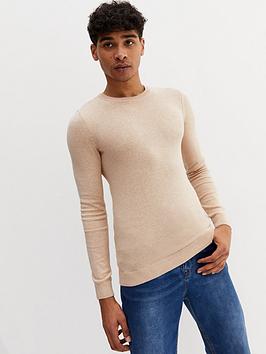 New Look Cream Fine Knit Crew Neck Muscle Fit Jumper, Oatmeal, Size S, Men
