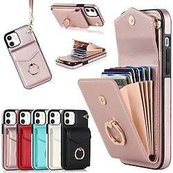 Phone Case For Apple Back Cover Wallet Card iPhone 14 Pro Max 13 12 11 Pro Max Mini X XR XS 8 7 Plus Ring Holder Kickstand Anti-theft with Wrist Strap Solid Colored TPU PU Leather Lightinthebox