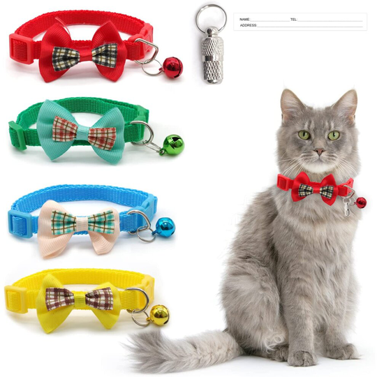 4 Pcs Fine Plaid Cat Collar, Cute Bow Tie and Bells, Kitty Collar with 1 Pc Name Tags Safety Buckle Vibrant Colour Macaron,...