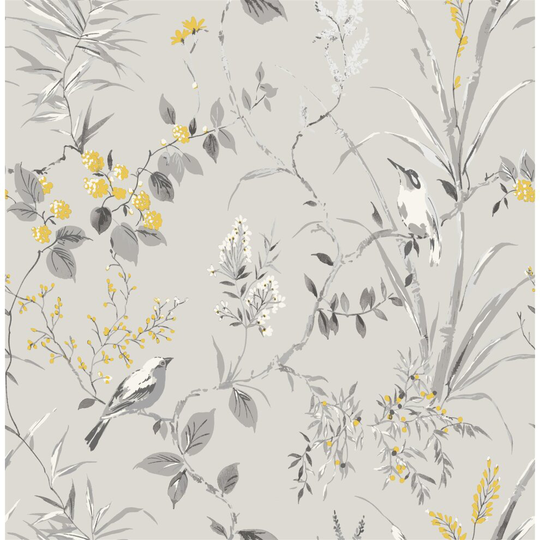 Fine Decor Mariko Floral Birds Wallpaper Grey Yellow Metallic Flower Shimmer