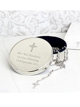 Rosary Beads And Personalised Cross In Round Silver Finish Trinket Box