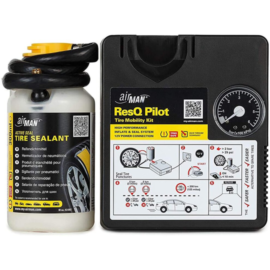 AirMan ResQ Pilot Roadside Tyre Repair Kit for No Tools, Safe and Fast, Emergency Puncture fix with valve through tyre sealant and powerful air