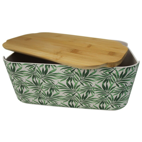 (Leaf 3) Floral Green Bamboo Bread Bin Bread Crock With Lid as a Chopping board