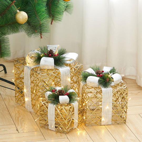 (#3) Set of 3 Christmas LED Light Up Frosted Sparkly Present Boxes Parcel Ornament