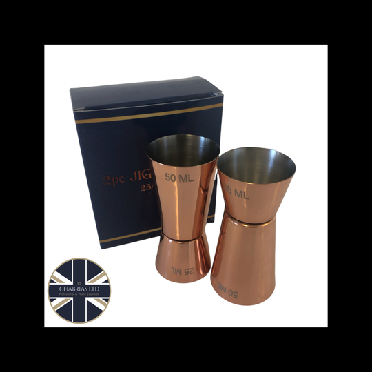 (Rose Gold) Set of 2 Stainless Steel Gift Boxed Jigger Bar Dual Spirit Measure Cup 25m/50ml
