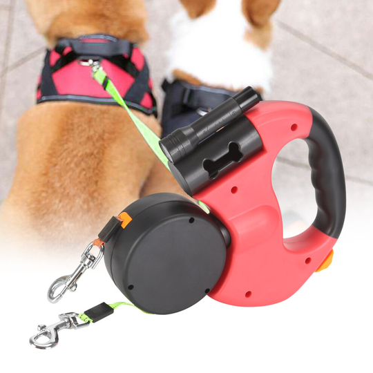 (Red) Retractable Dual Double Pet Leash Rope