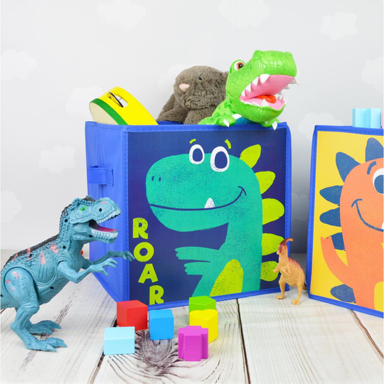 Kids Dinosaur Storage Cube Orange Green Space Saver Home Tidy Box Toys Set Of 2