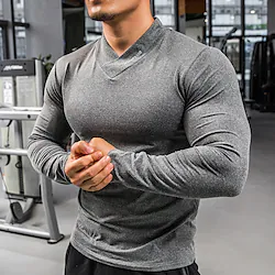 Men's Workout Shirt Running Shirt Long Sleeve Top Athletic Athleisure Winter V Neck Breathable Quick Dry Soft Running Jogging Training Sportswear Activewear Solid Colored Black White Gray Lightinthebox