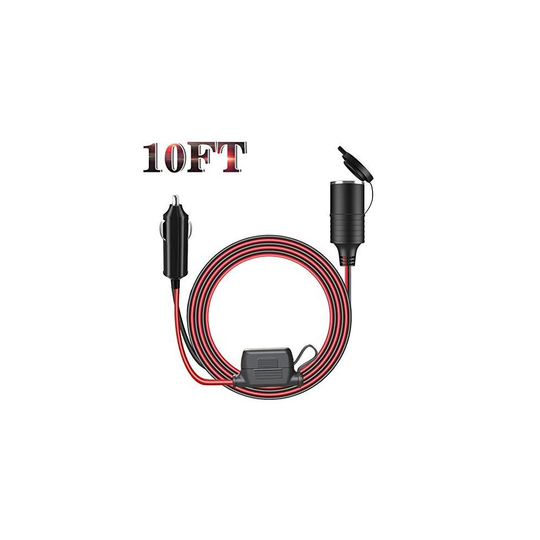 Car Cigar Lighter Extension Cord, LST 12/24V Heavy Duty Car Extension Lead Waterproof Dustproof Cap Plug Socket with External 15Amp Fuse Box-10FT